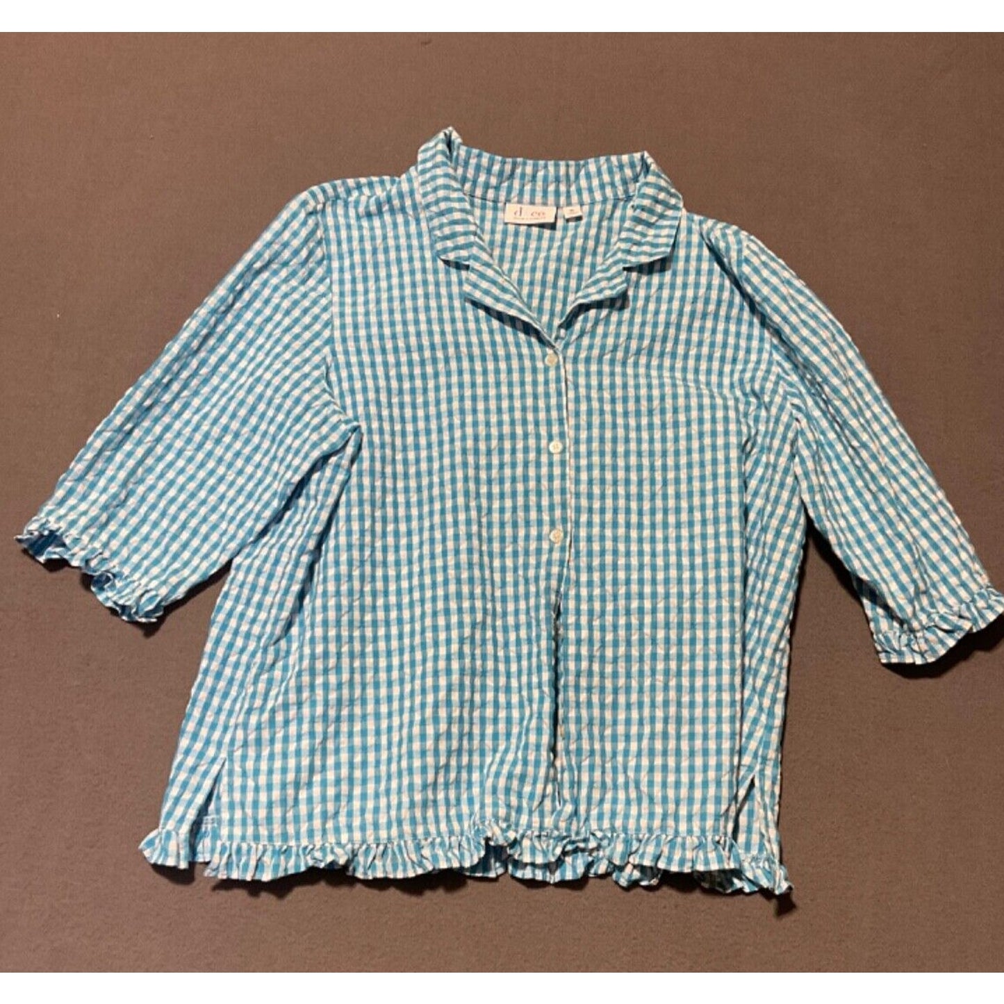 Denim & Co Blue Gingham Check Button Front Shirt Top XL Cotton Blend