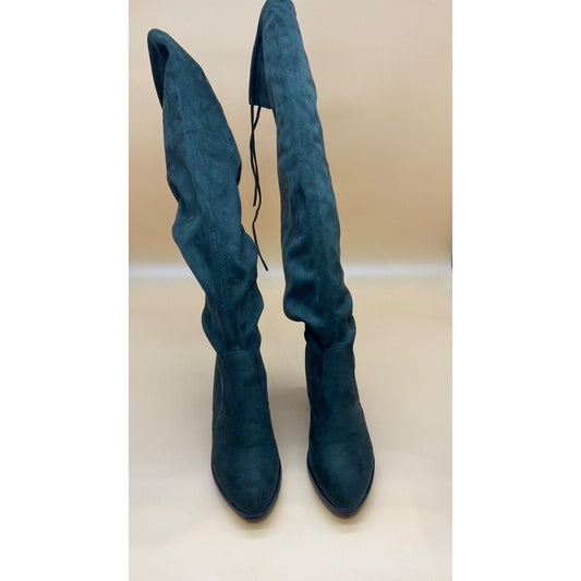 Forever Faux Suede Over-the-Knee Boots 9 Green 3.5" Heel Tie Closure