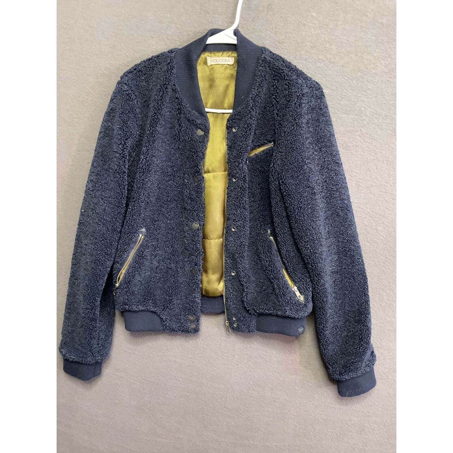 Volcom VTG Teddy Bomber Jacket S Navy Blue Lined Warm Zip Pockets Sherpa Fleece