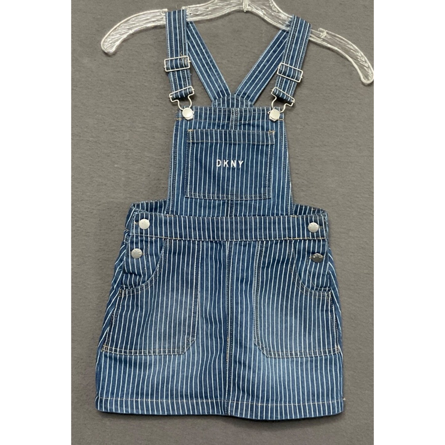 DKNY Girls 6X Blue Pinstripe Denim Overall Dress Adjustable Straps Pockets