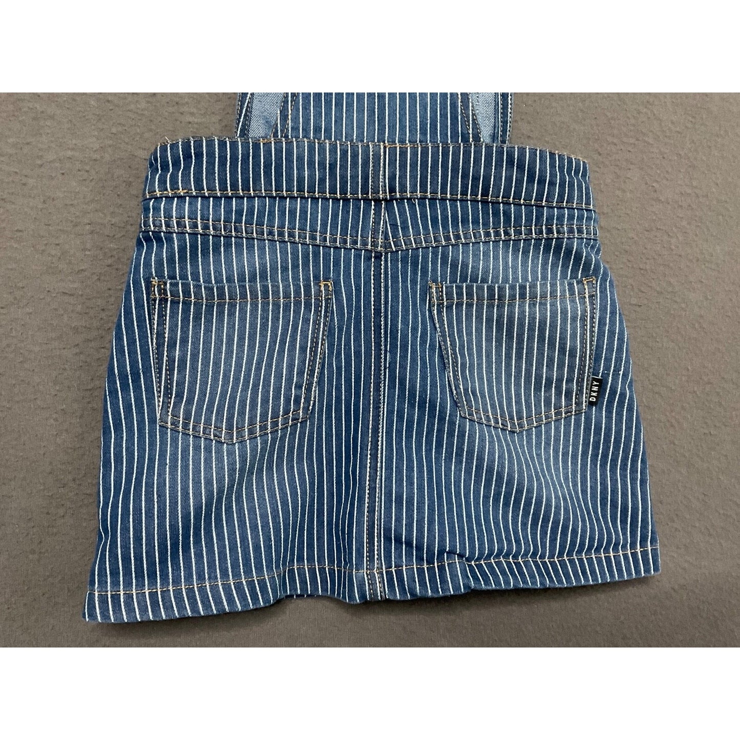 DKNY Girls 6X Blue Pinstripe Denim Overall Dress Adjustable Straps Pockets