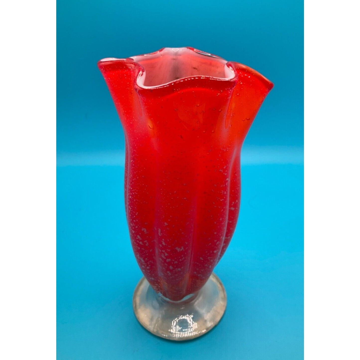 Vintage Artglass Vase 6.5" - Red w/ Silver Glitter & Ruffled Edge