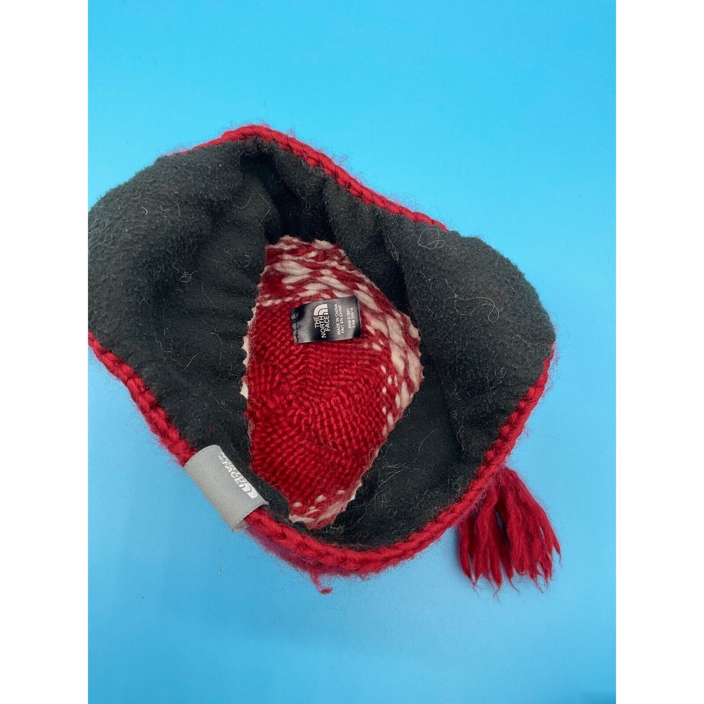 The North Face Red Knit Trapper Hat w/ White Snowflake Pattern One Size Acrylic