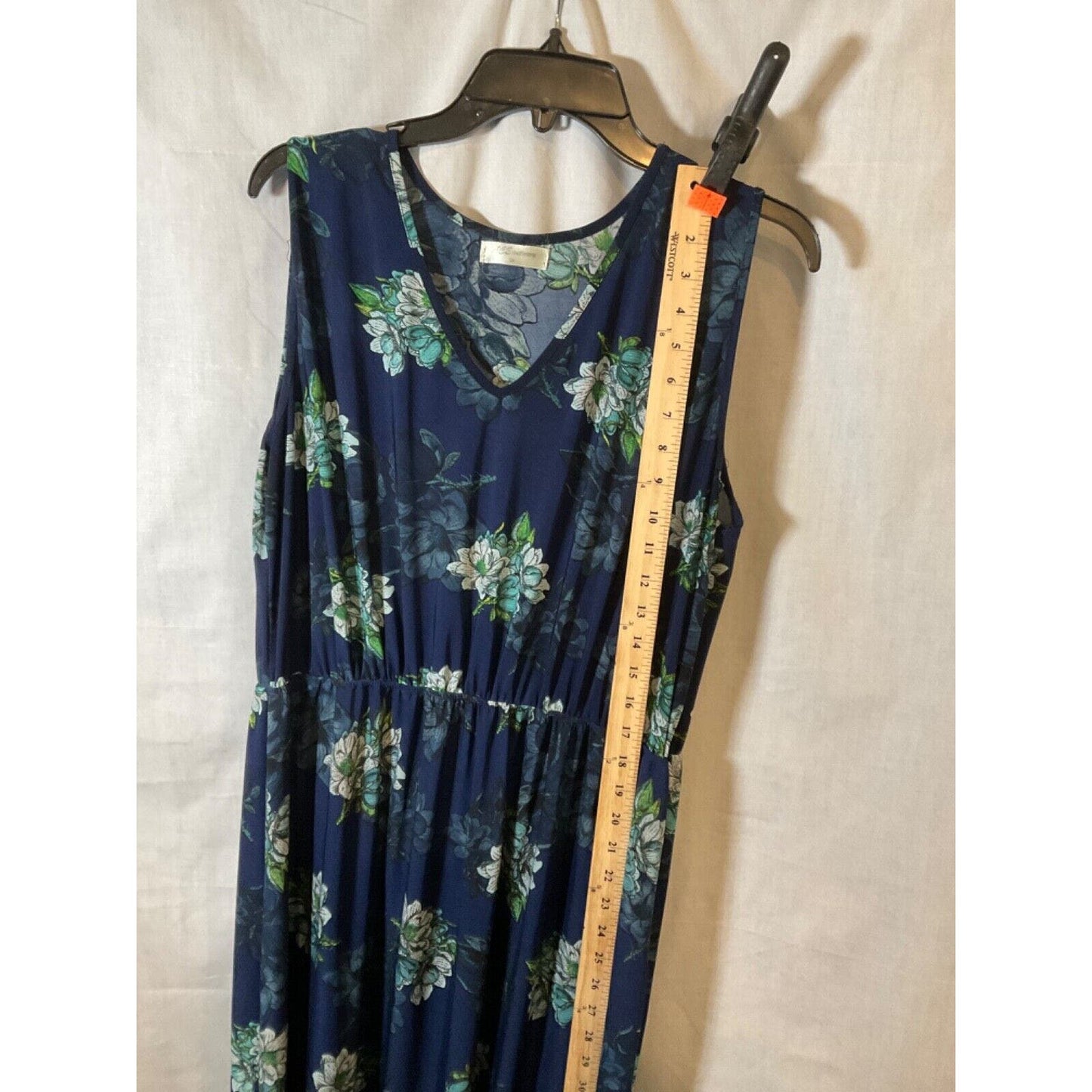 ECE Fashion Asymmetrical Maxi Dress 3XL, Blue Floral, Sleeveless, Flaw