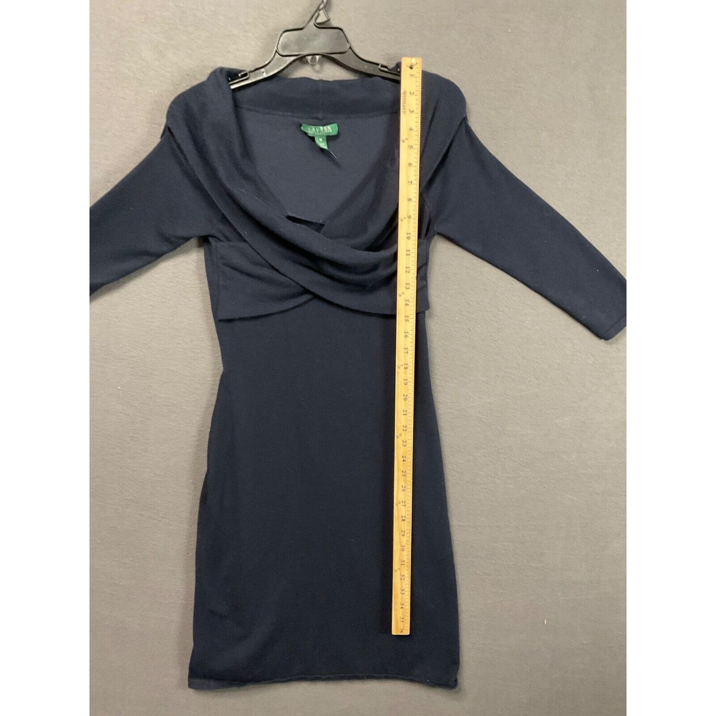 Ralph Lauren Dress M Navy Blue Knit Cowl Neck 3/4 Sleeve Elegant FLAW