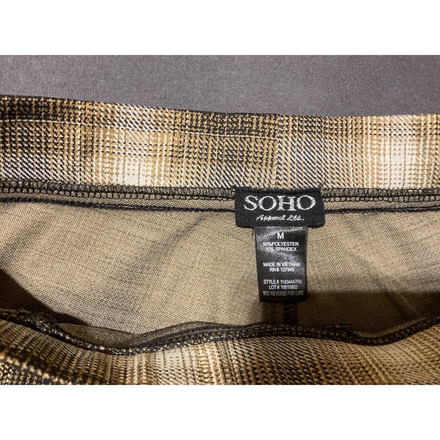 SOHO Apparel Brown Plaid Pull-On Pants Medium Spandex Blend Comfy Fit