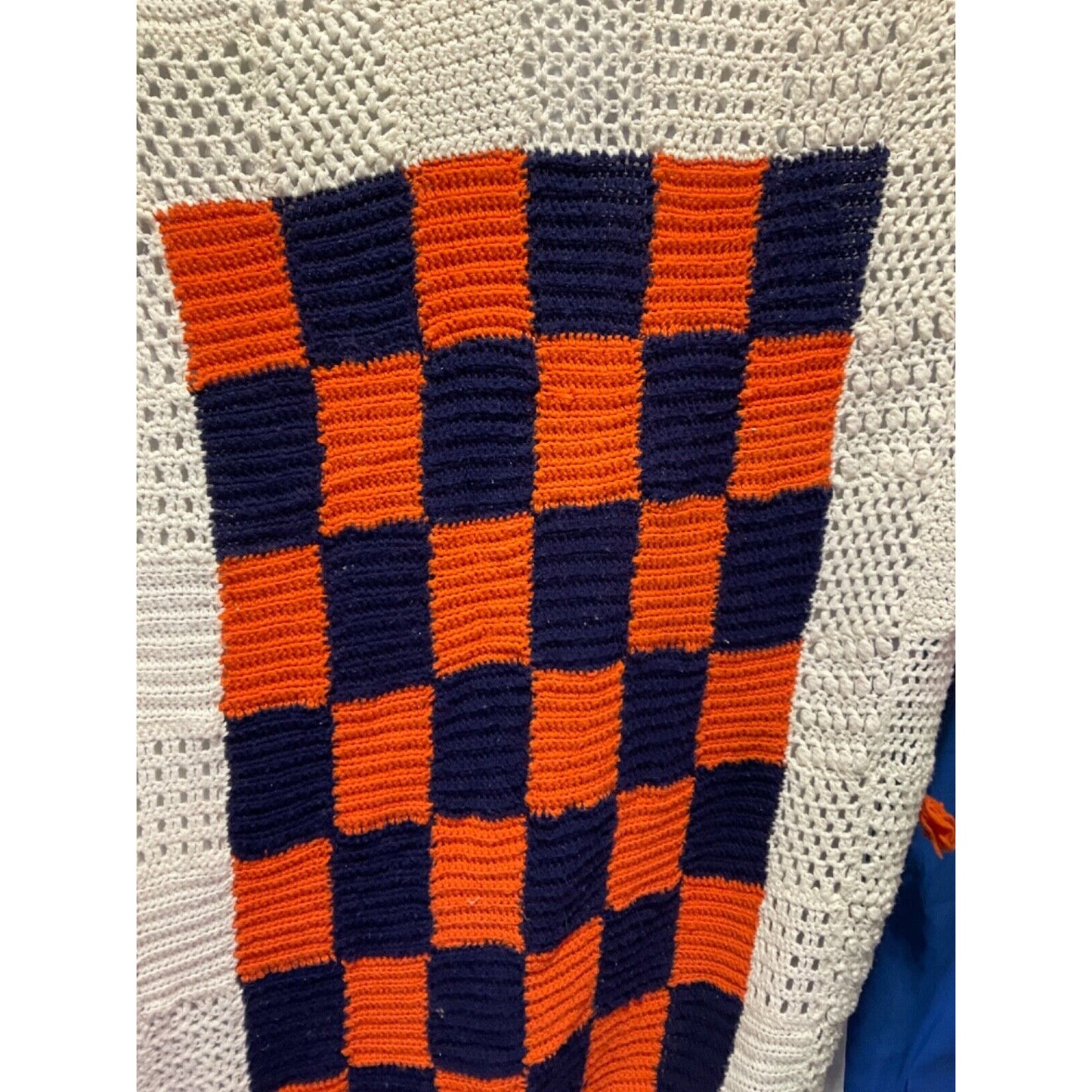 Retro Crochet Afghan Throw Blanket 41" Wide 85" Long Blue Orange White VTG