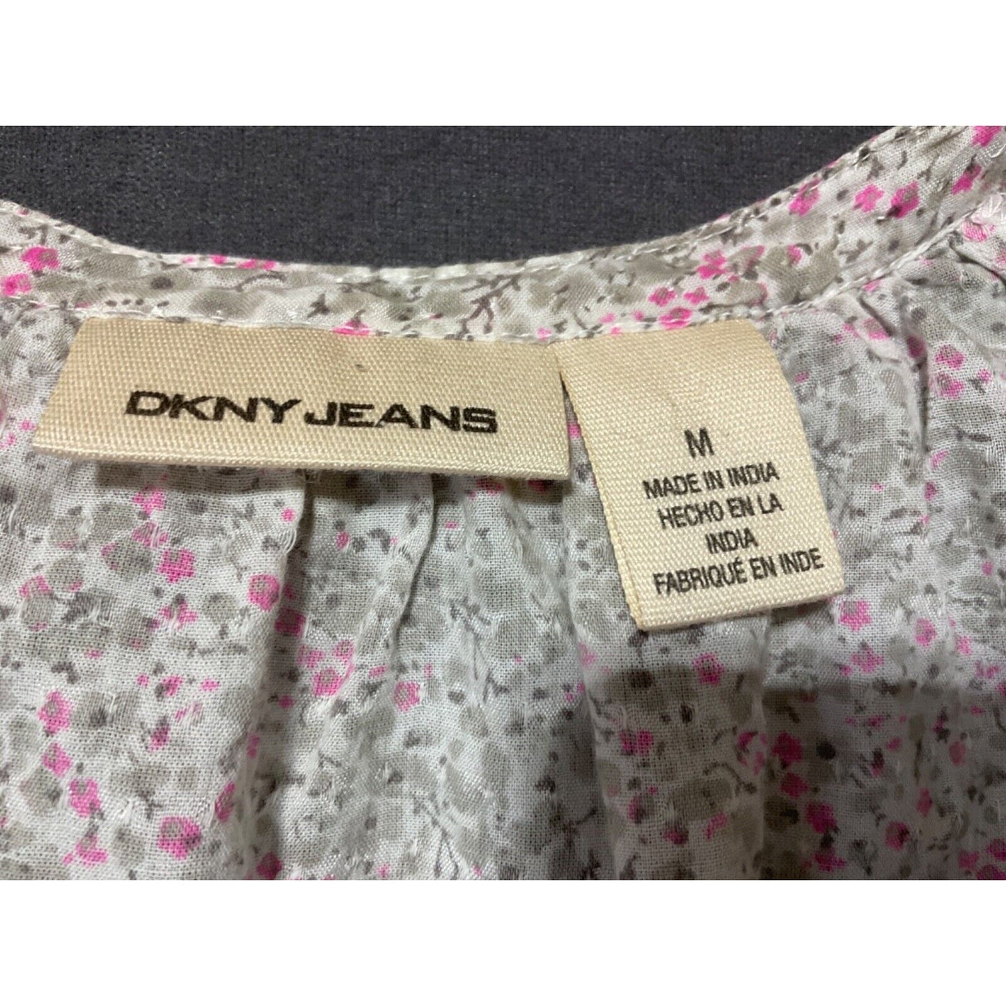 DKNY Jeans Women's M Boho Blouse Floral V-Neck Tie Waist Balloon Sleeve