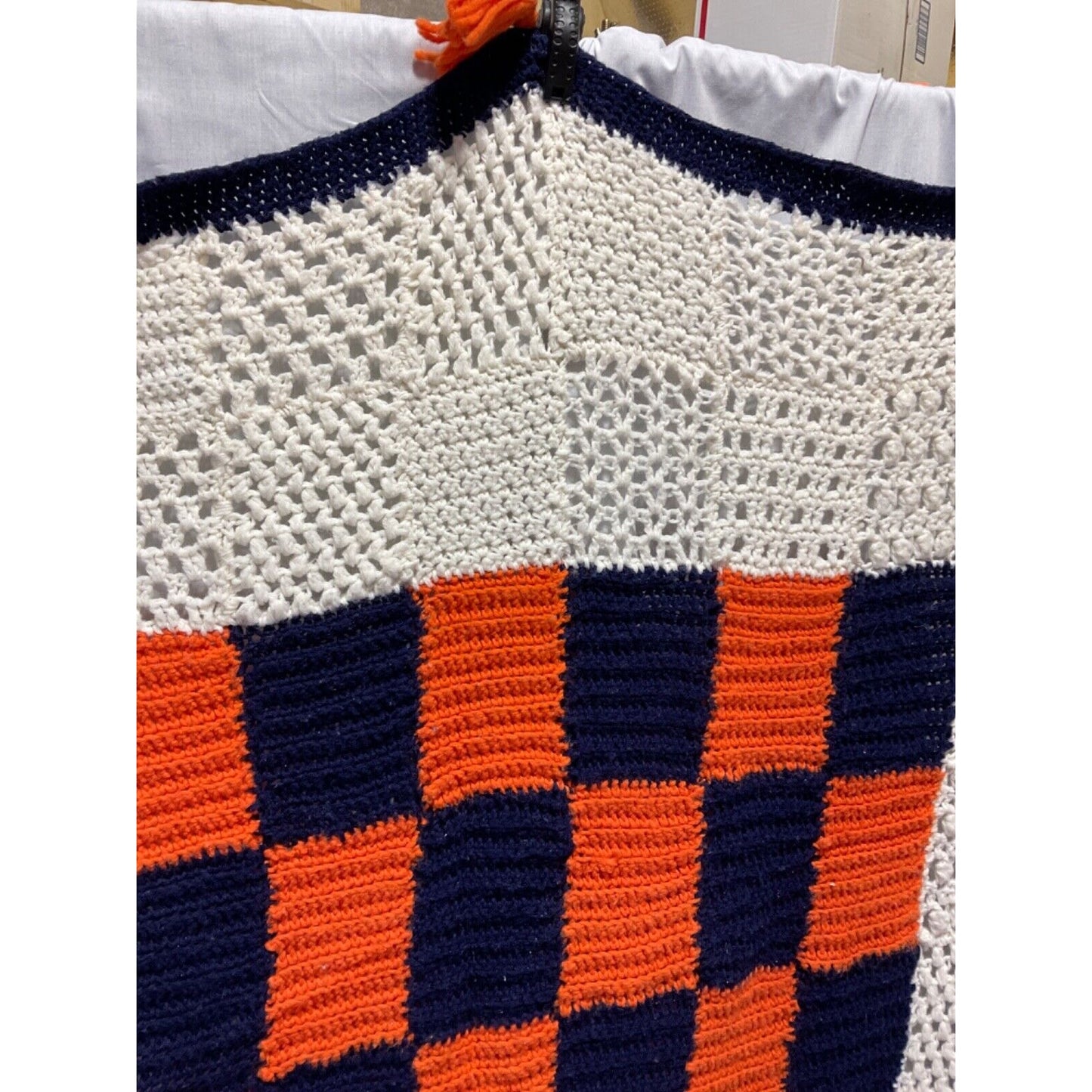 Retro Crochet Afghan Throw Blanket 41" Wide 85" Long Blue Orange White VTG