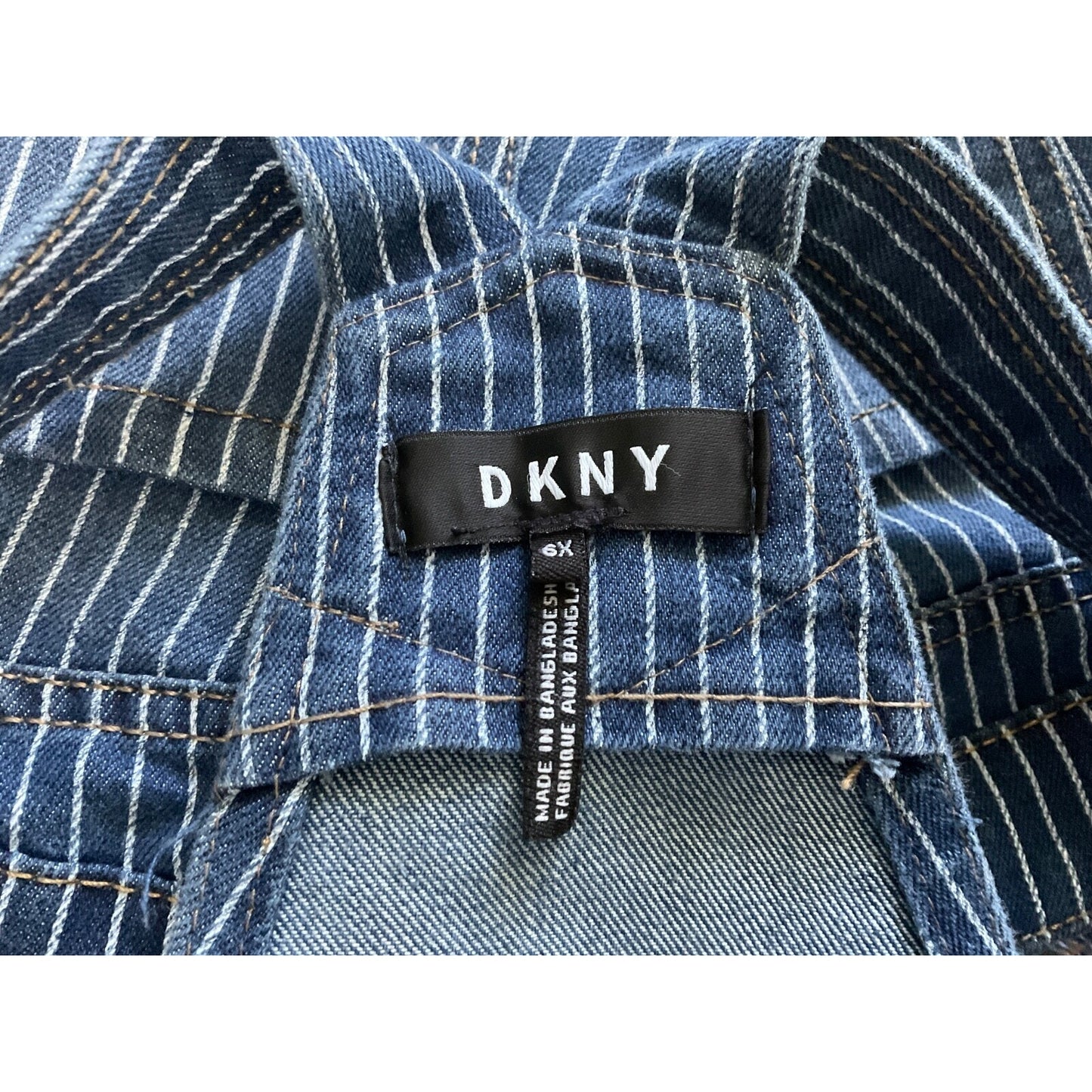 DKNY Girls 6X Blue Pinstripe Denim Overall Dress Adjustable Straps Pockets