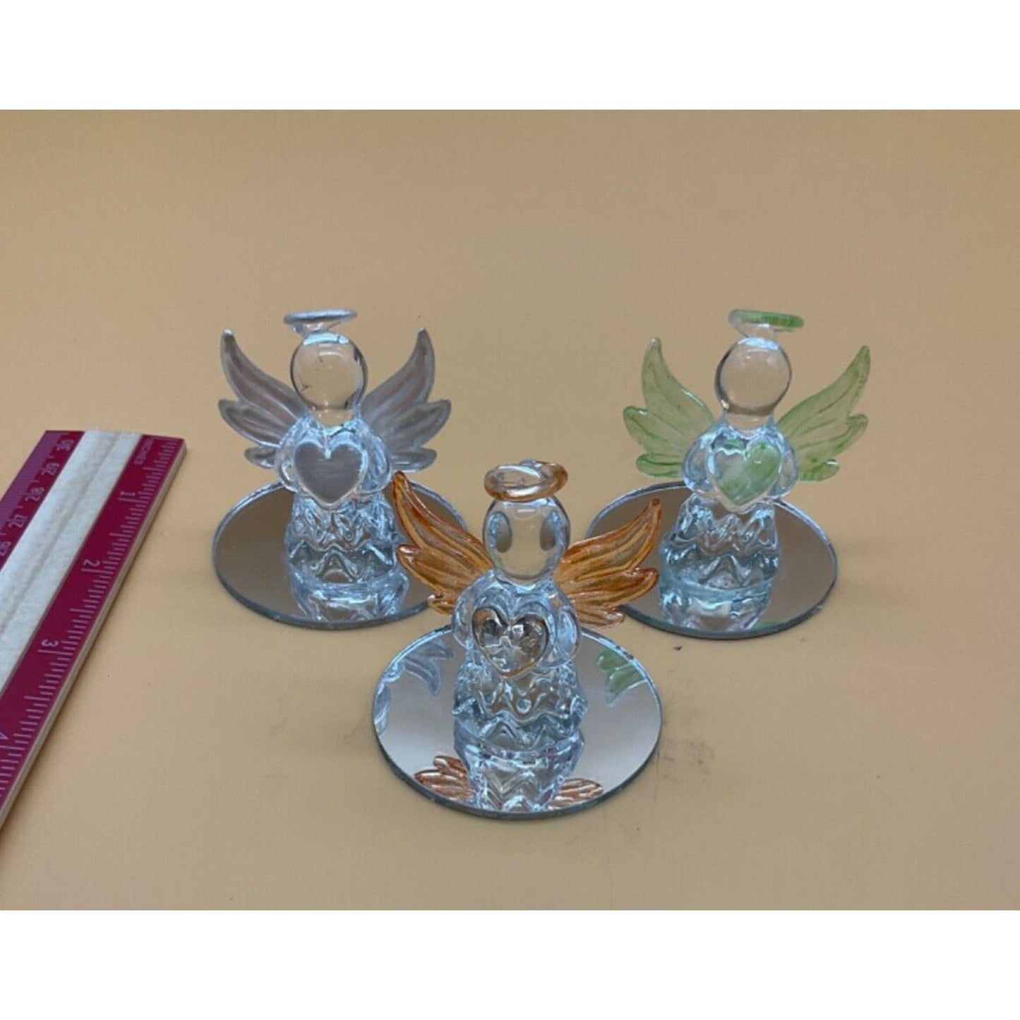 Set of 3 Small Angels on Glass Mirror, 3" Tall, Colorful Wings & Hearts