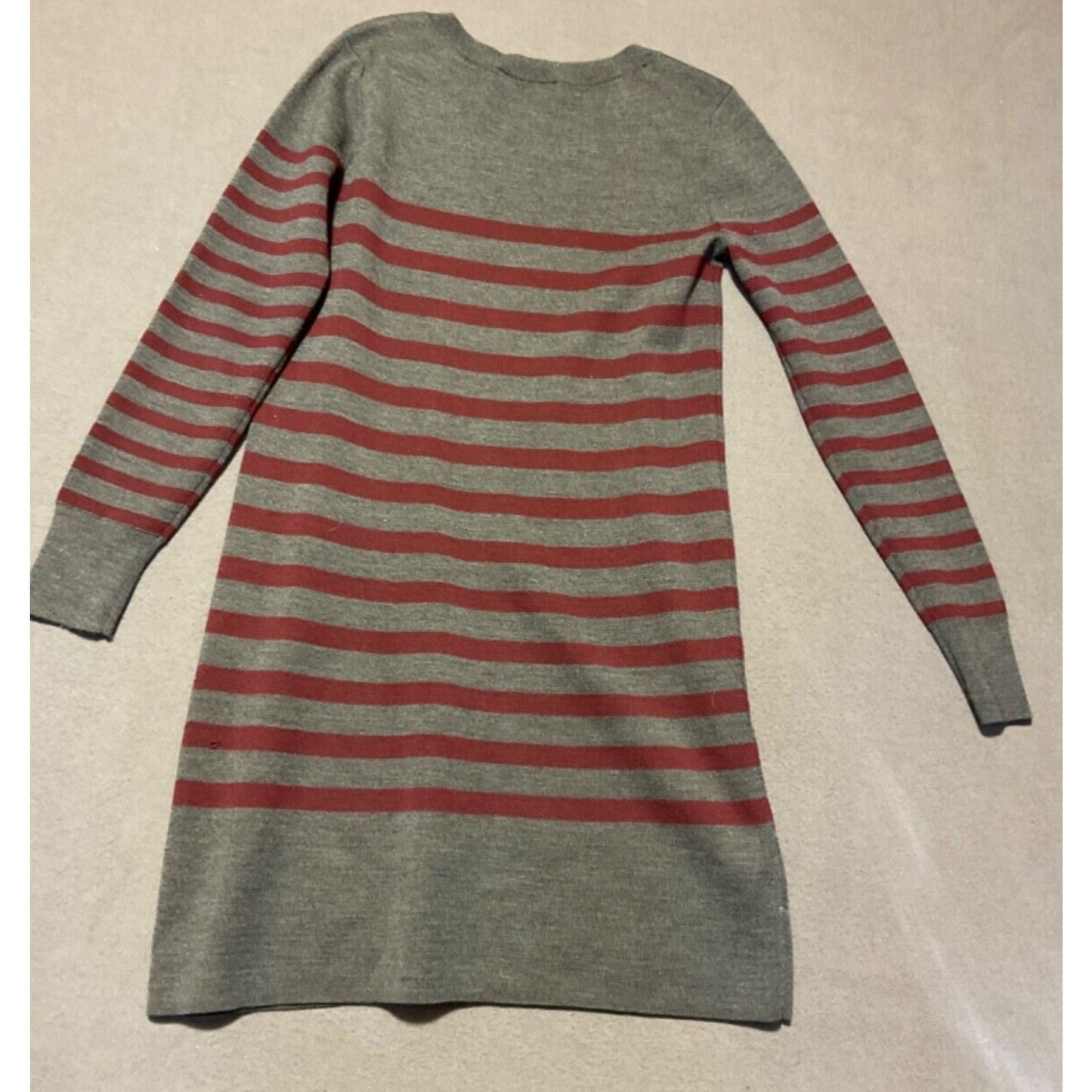 LOFT Medium Sweater Dress Gray Red Stripes Button Shoulder Wool Blend