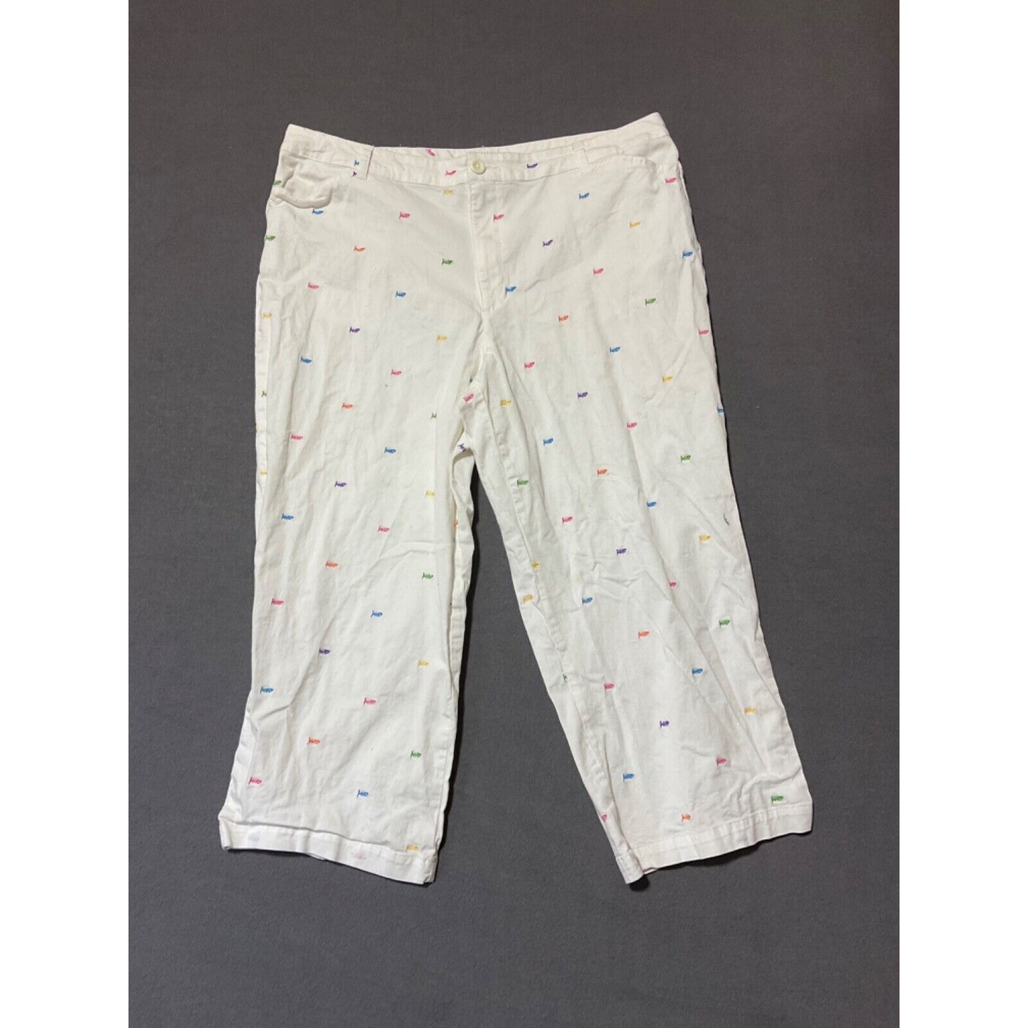 Hannah Stretch Women’s Sz 14 Capri Pants Cotton Multicolor Fish Embroidery