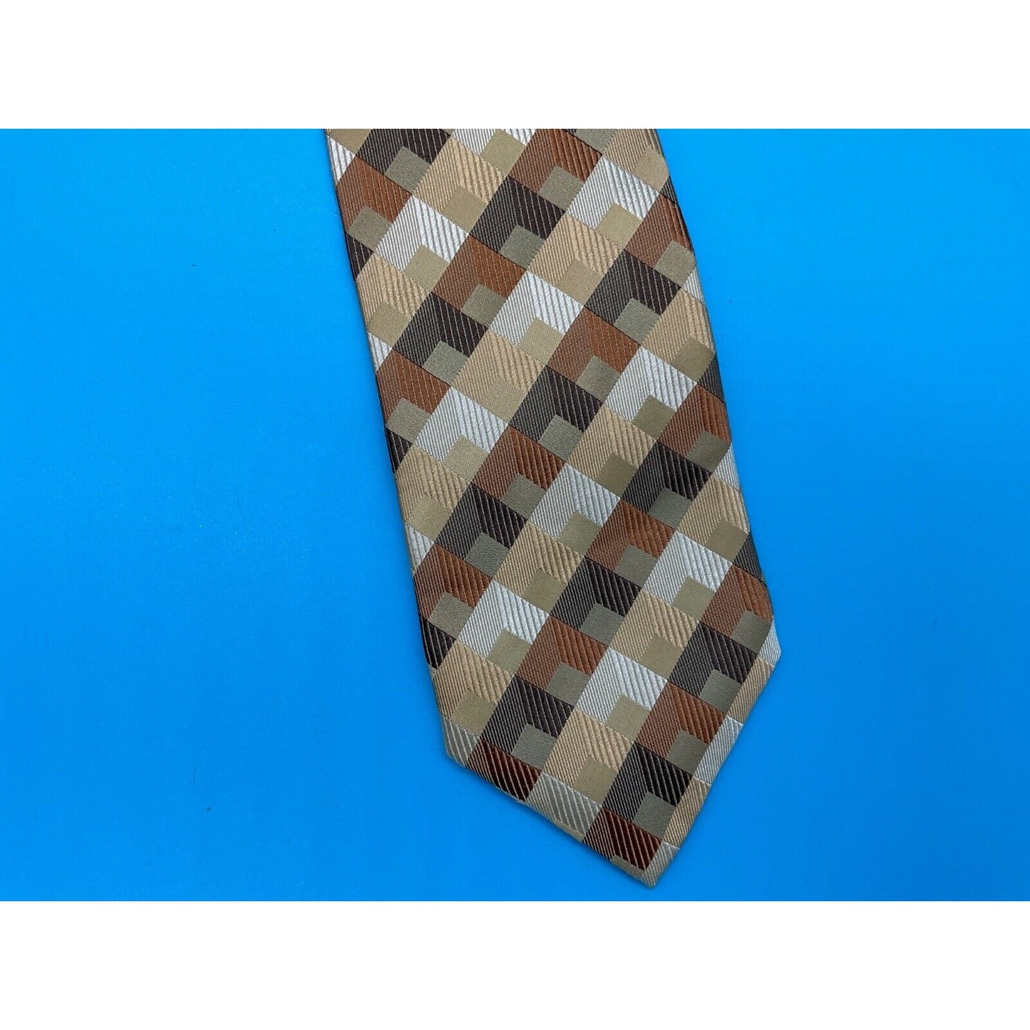 Villini Men's 100% Silk Tie Geometric Check Pattern Brown Gold 3.5" Classic