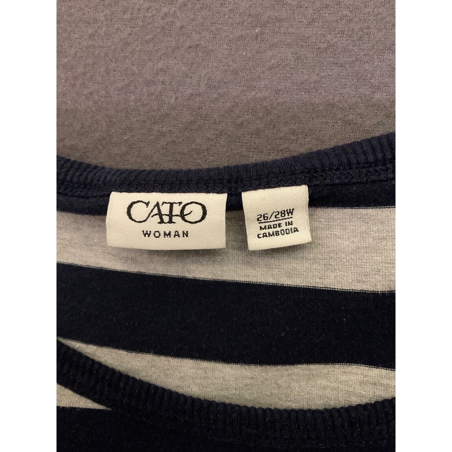 Cato Woman 26/28W Striped 3/4 Sleeve Loose Fit Top Gray & Black Cotton Blend