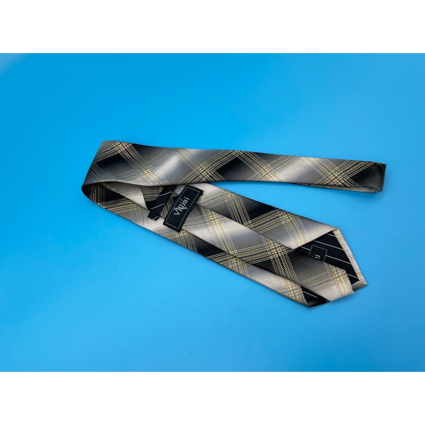 Villini 100% Silk Tie Plaid Gold/Brown Checkered Pattern Men’s 3.75" Classic
