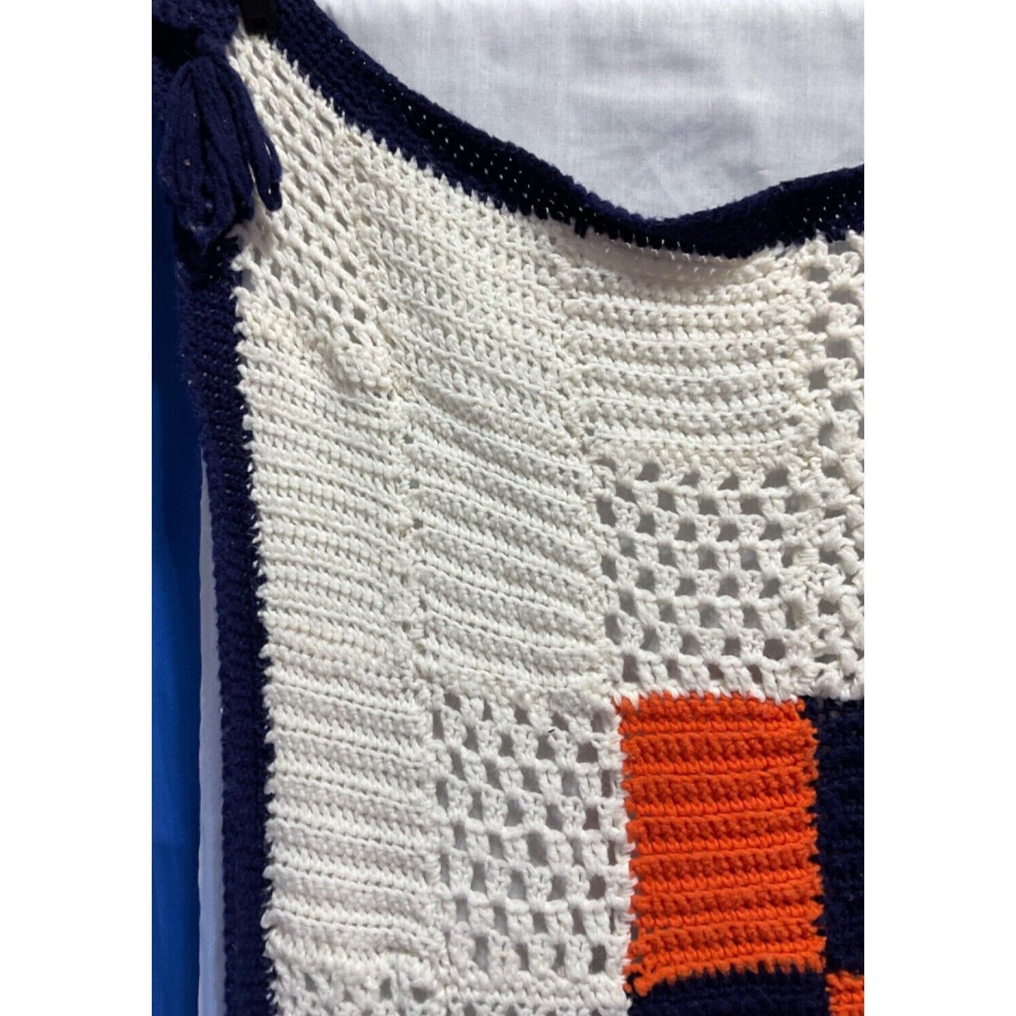 Retro Crochet Afghan Throw Blanket 41" Wide 85" Long Blue Orange White VTG