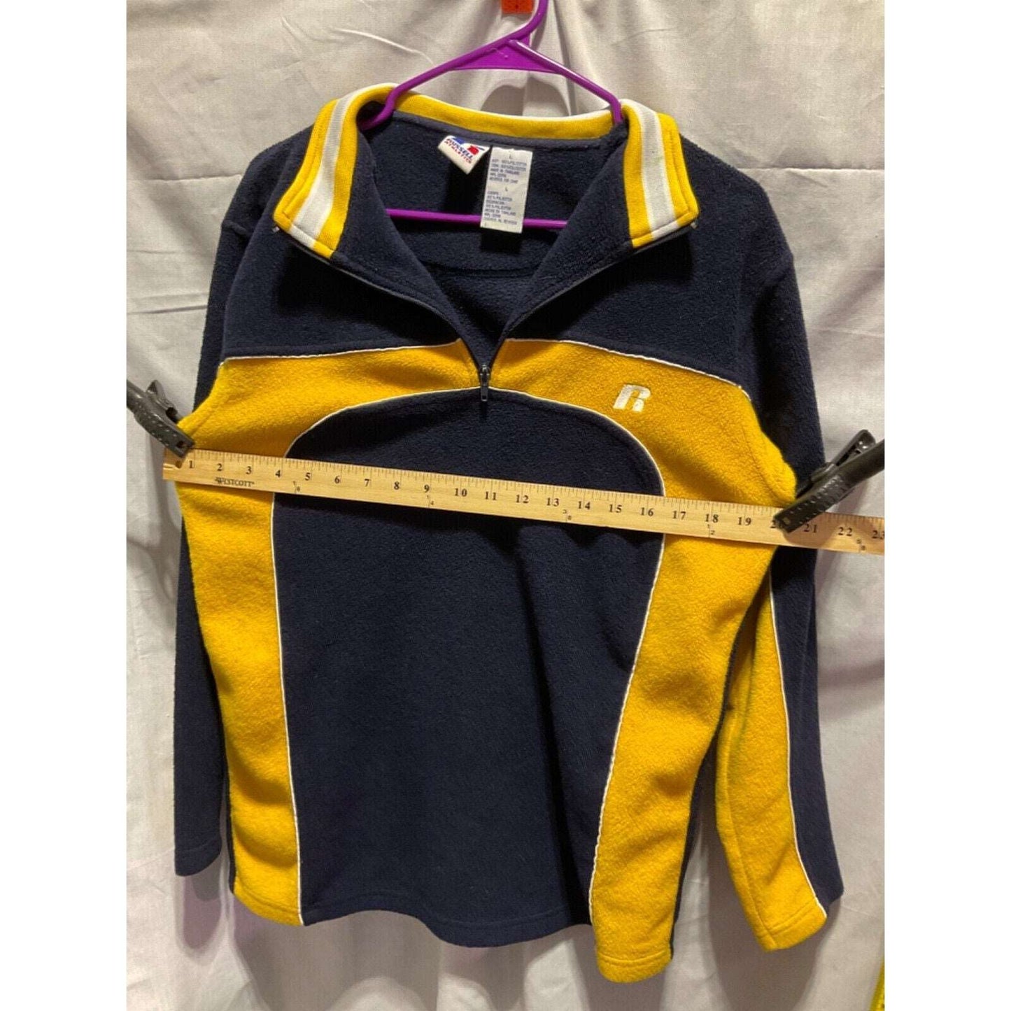 Russell Athletic 1/4 Zip Pullover Large Blue Yellow Heavyweight Polyester