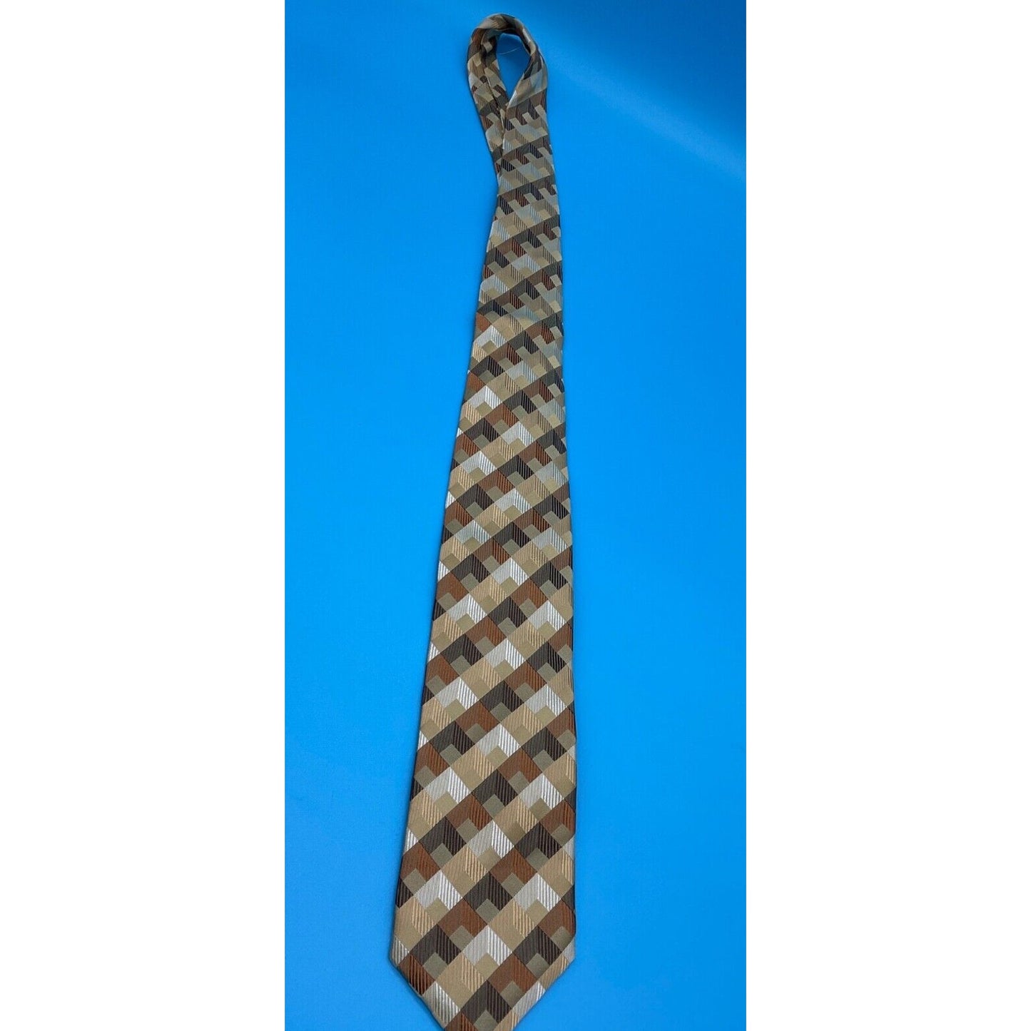 Villini Men's 100% Silk Tie Geometric Check Pattern Brown Gold 3.5" Classic