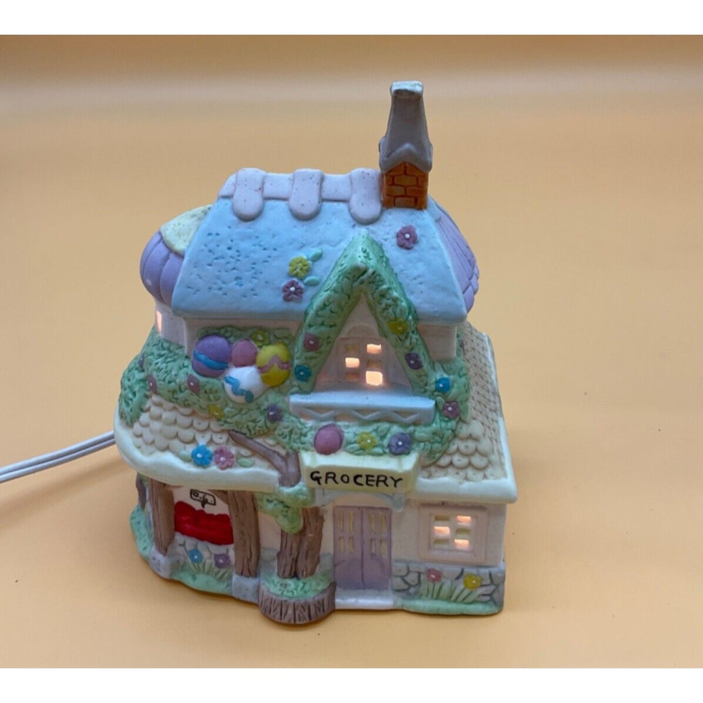 Hand Painted Ceramic Easter Bunny Grocery Village, 6" High, Lighted w/ 6 Ft Cord