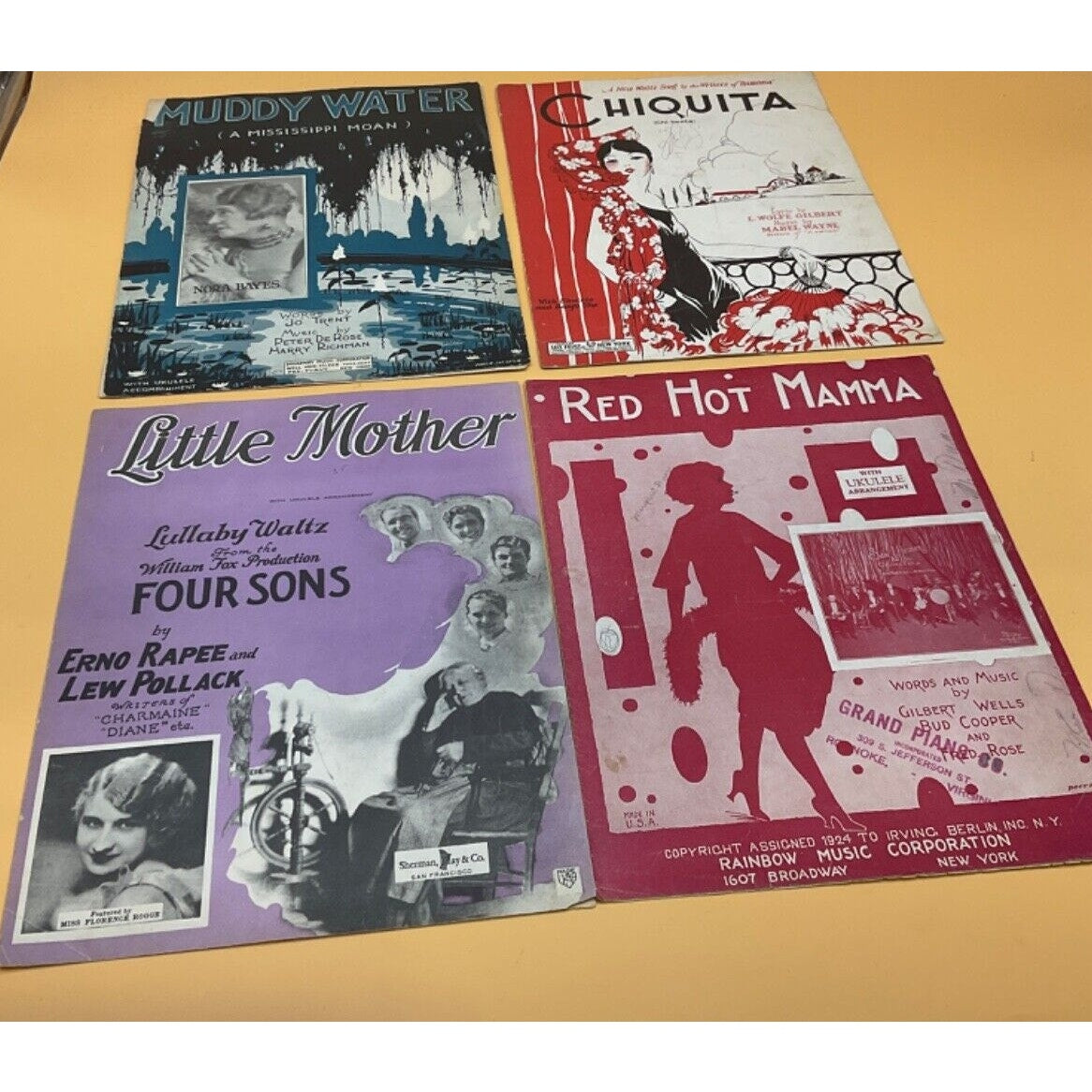 4 Vintage Sheet Music Blues, Jazz & Latin Themes, "Muddy Water," "Red Hot Mamma"