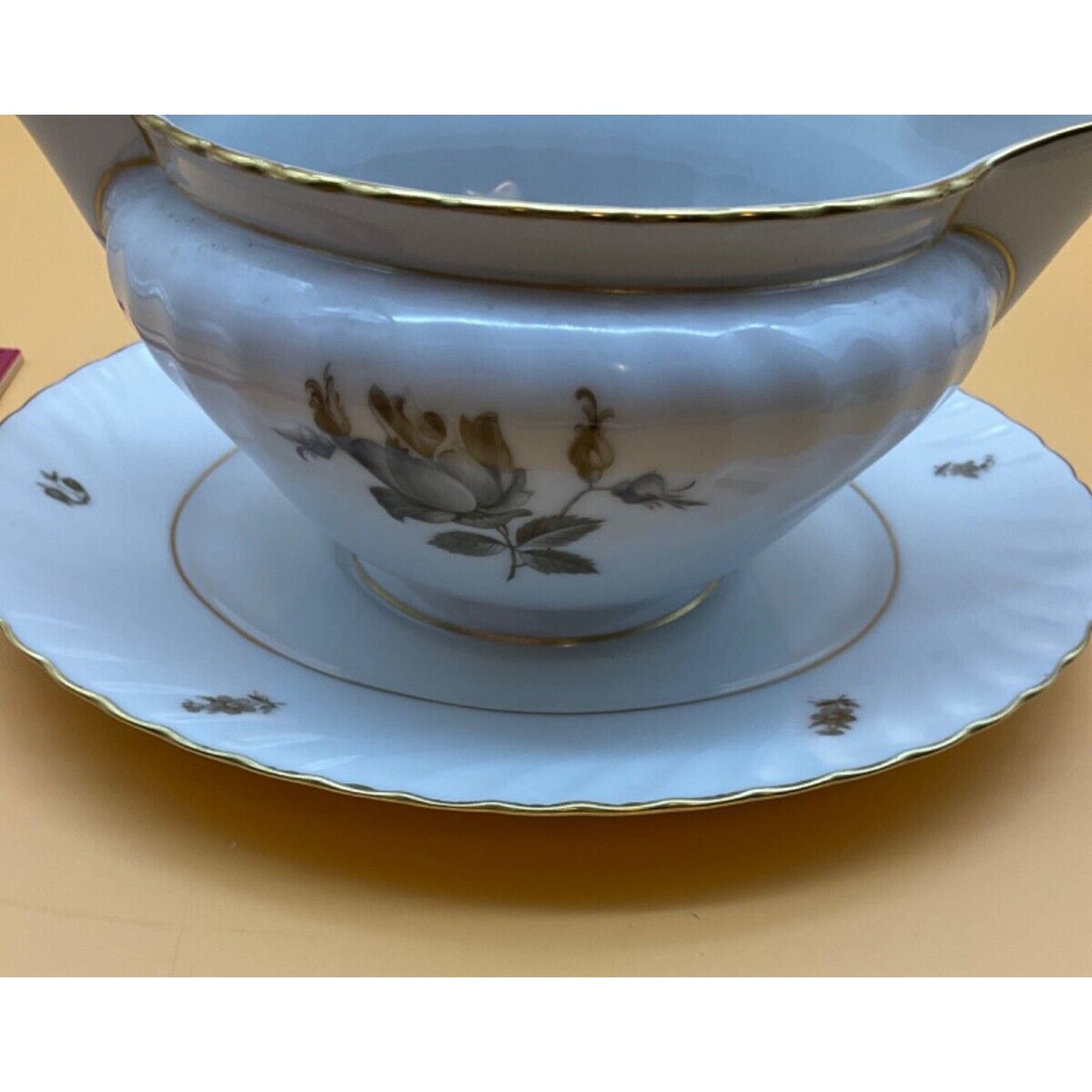 Royal Tettau Dawn Rose Gravy Boat w/ Attached Plate, 1960s, Platinum Trim