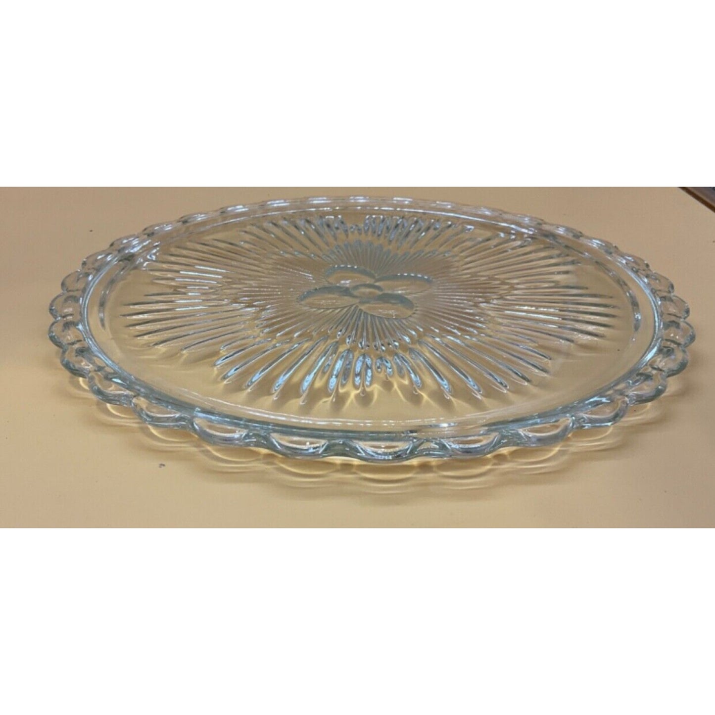 Vintage Indiana Glass Floral Sunburst Footed Cake Plate 11" Mid Century Modern