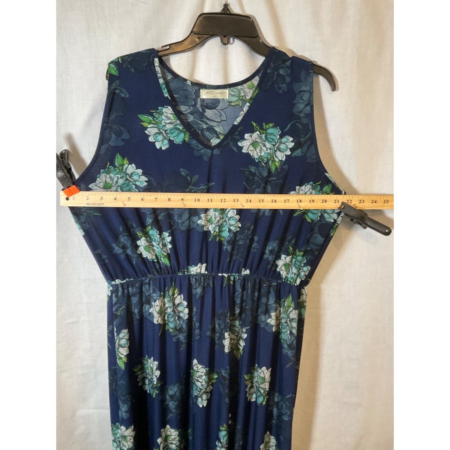 ECE Fashion Asymmetrical Maxi Dress 3XL, Blue Floral, Sleeveless, Flaw