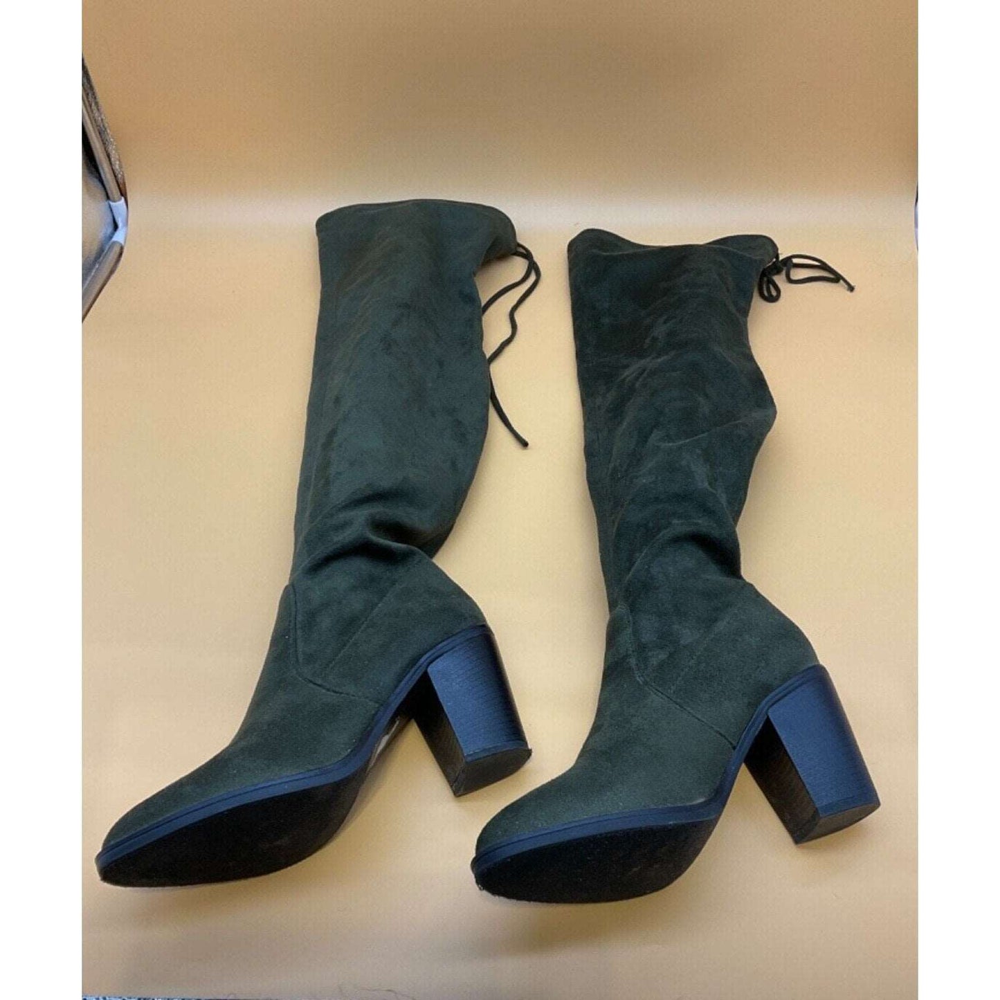 Forever Faux Suede Over-the-Knee Boots 9 Green 3.5" Heel Tie Closure