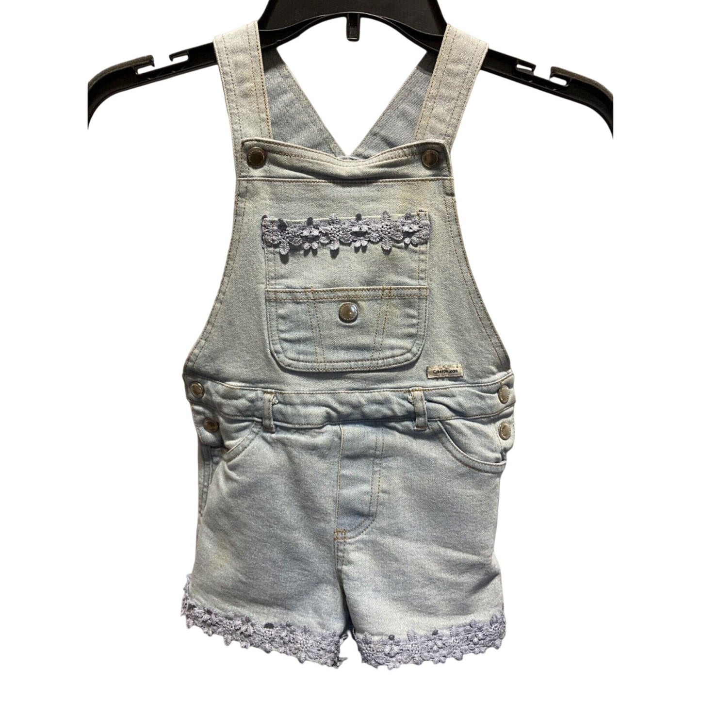 Calvin Klein Girls SZ 5 Denim Shorts Overalls Light Wash Lace Embellished Flaws