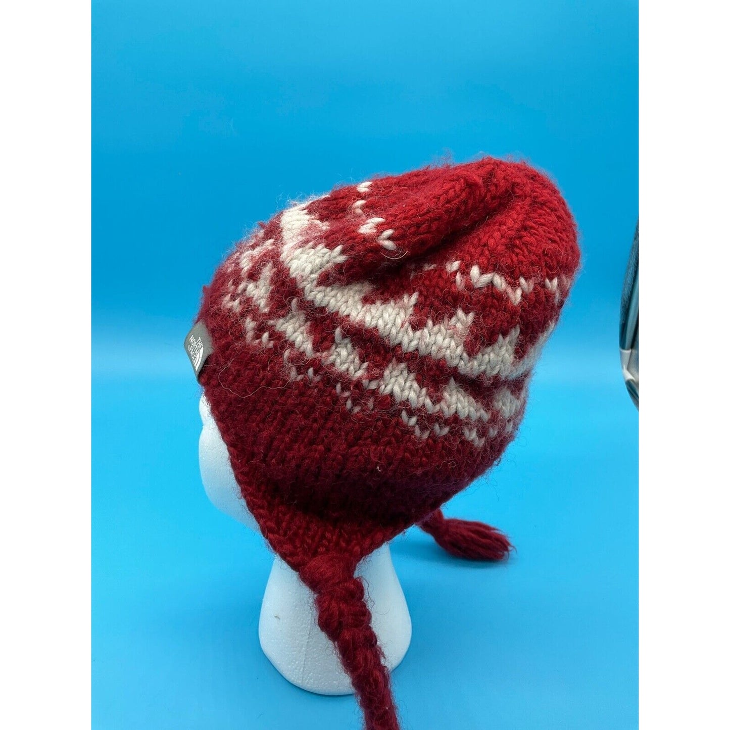 The North Face Red Knit Trapper Hat w/ White Snowflake Pattern One Size Acrylic