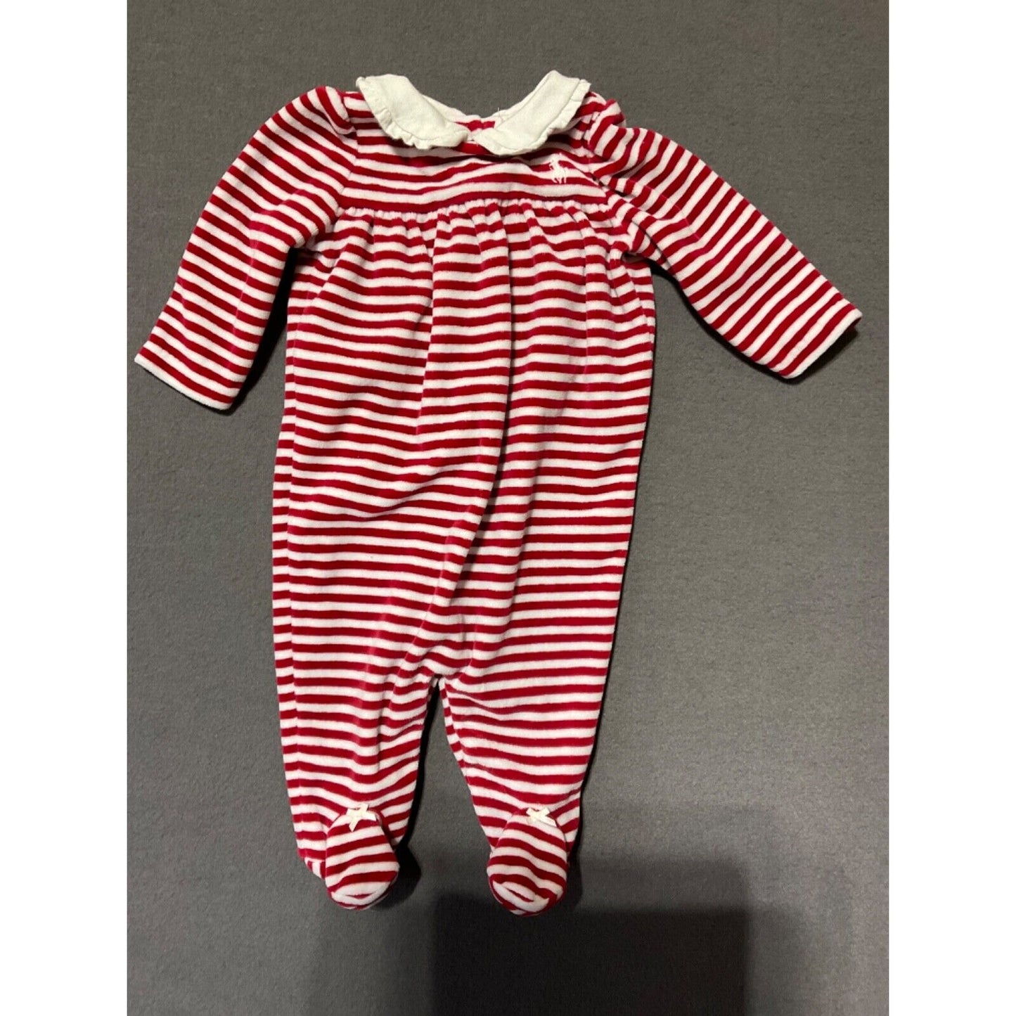 Ralph Lauren Infant Girls 3M Red & White Striped Velour Footed Jumper