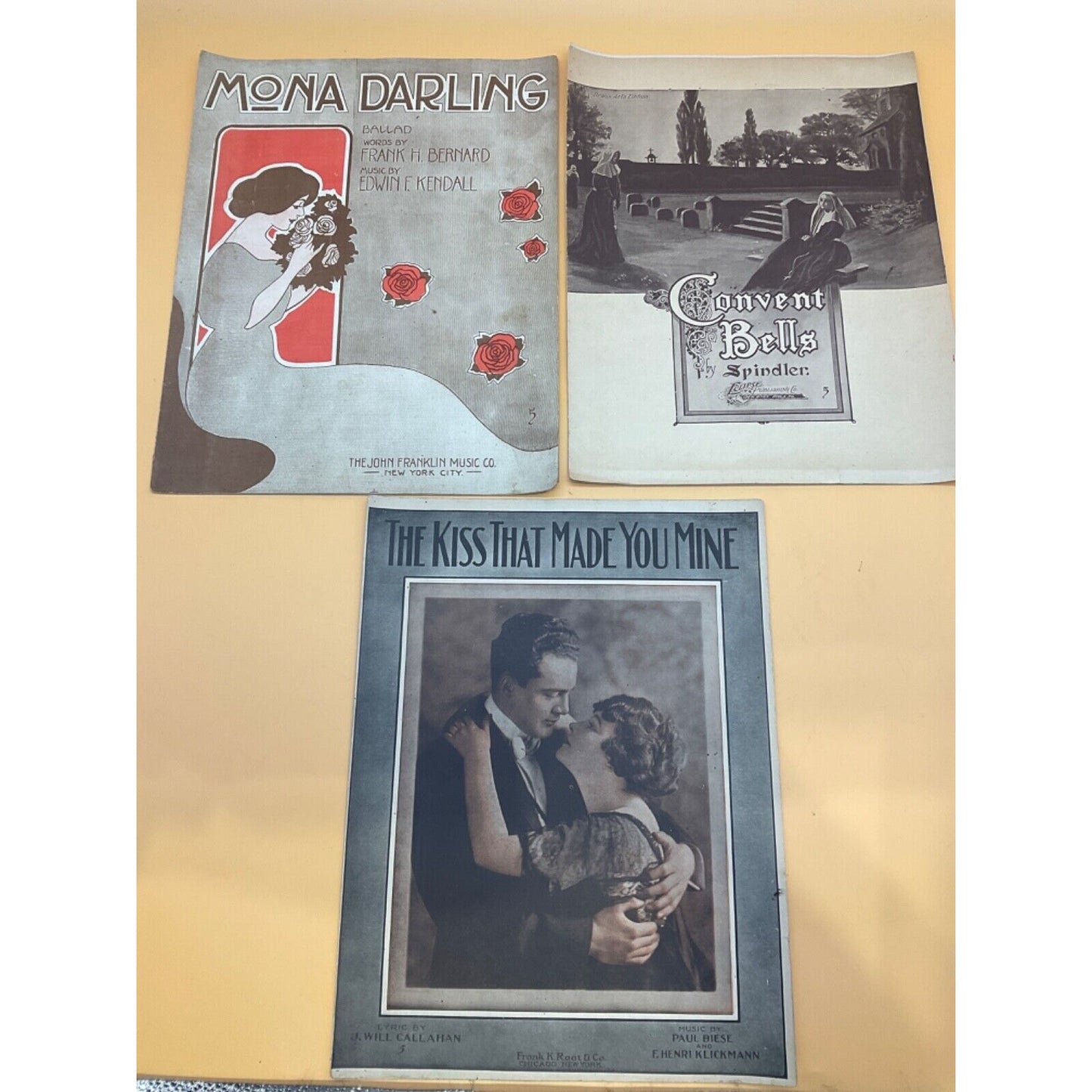 3 Vintage Sheet Music Romantic & Classical Themes, "Mona Darling" "Convent Bells