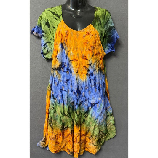 Lapogee Women’s Tie-Dye Boho Rayon Tunic Dress L Multicolor Vintage Look