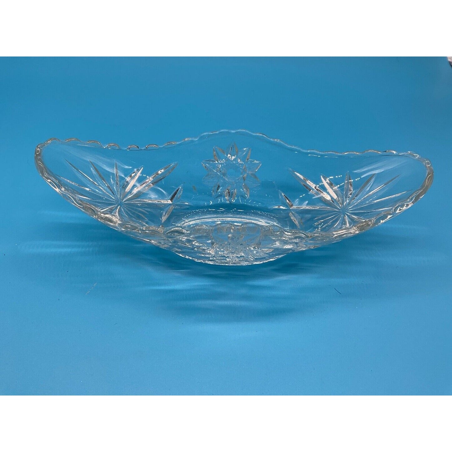 Clear Glass Oval Dish Bowl Etched Starburst Design 9" Long 4" Wide Vintage