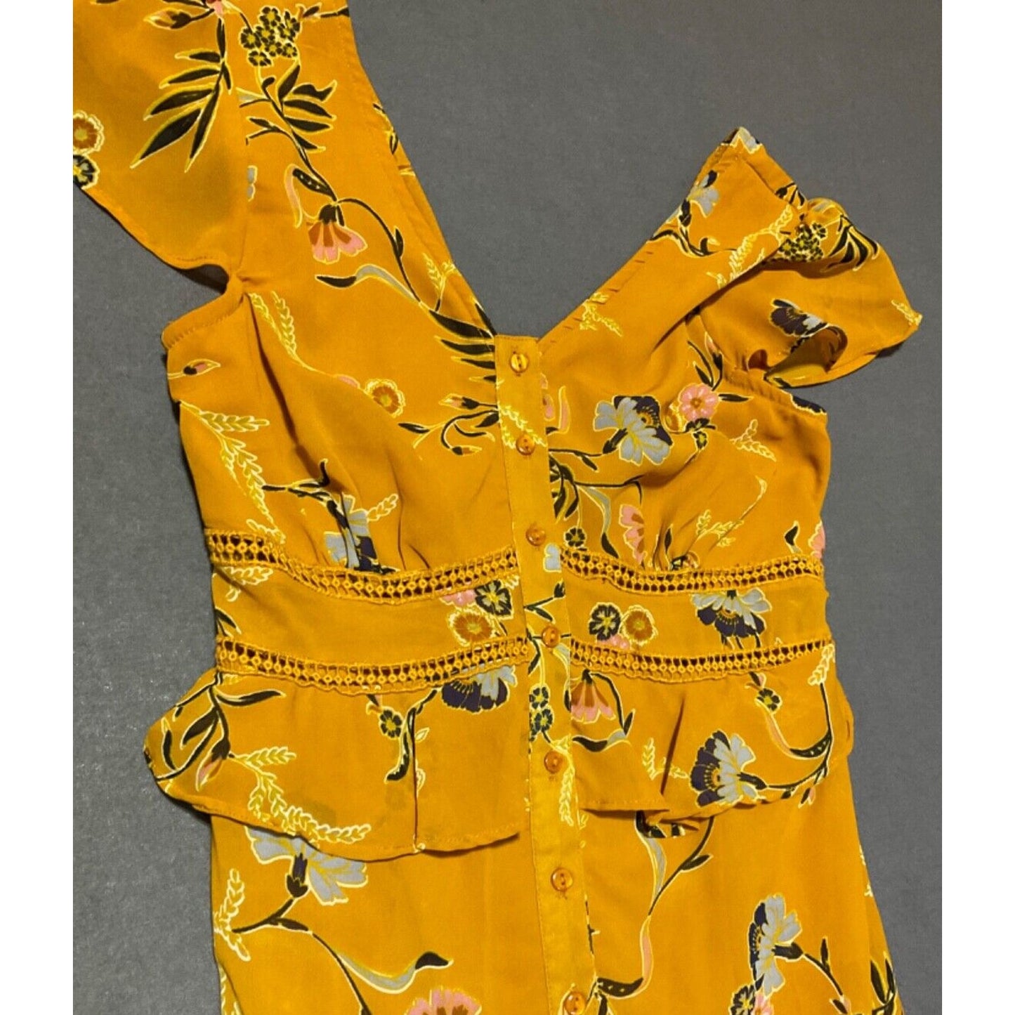 Japna S Romantic Mustard Floral Button-Up Maxi Dress Boho Festival