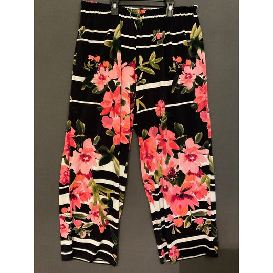 Melissa Paige 2X Floral Striped Pant Black White Pink Polyester/Spandex Art Boho