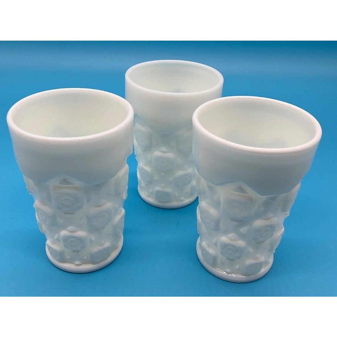 Set of 3 White Milk Glass Tumblers, Cubist Pattern, 5" Tall, Vintage Drinkware