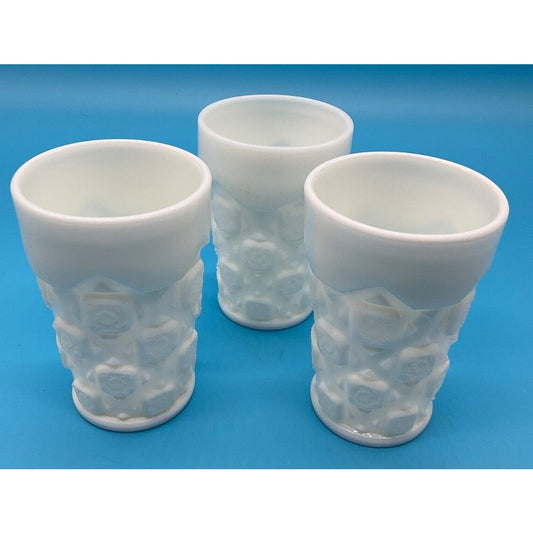 Set of 3 White Milk Glass Tumblers, Cubist Pattern, 5" Tall, Vintage Drinkware