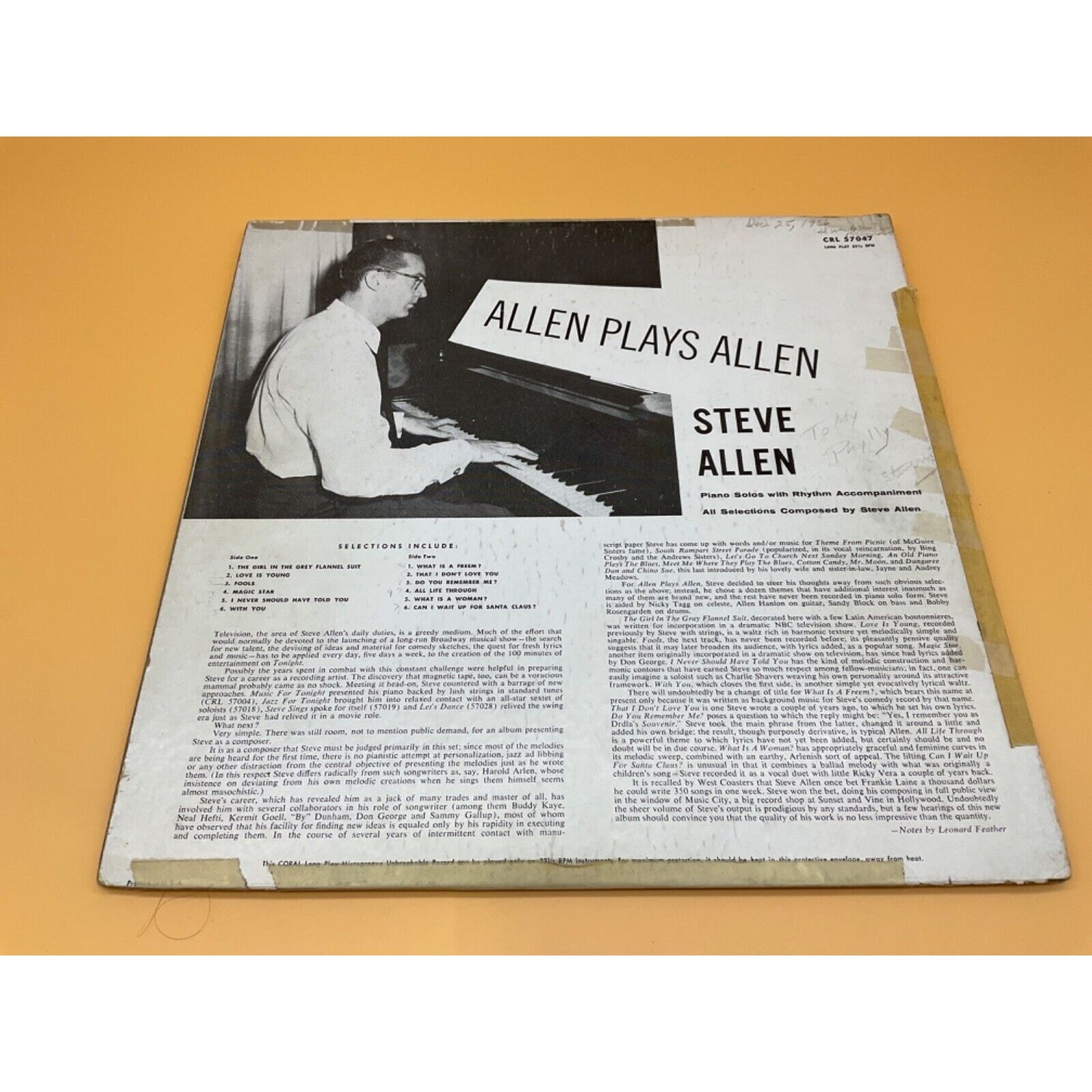 Steve Allen Plays Allen 1957 Piano Solos Vinyl LP Rhythm Accompaniment Some Wear