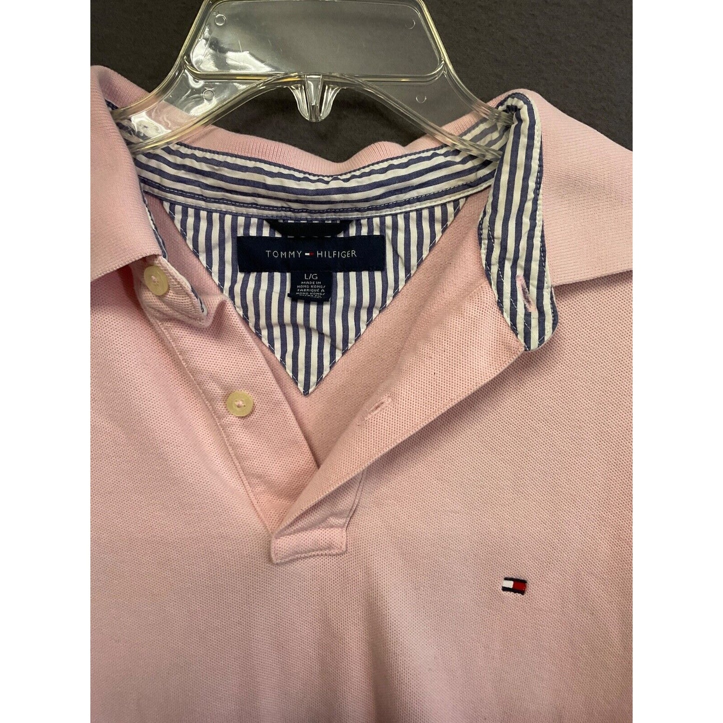 VTG Tommy Hilfiger Large Pink Polo Shirt Striped Collar 100% Cotton LOGO