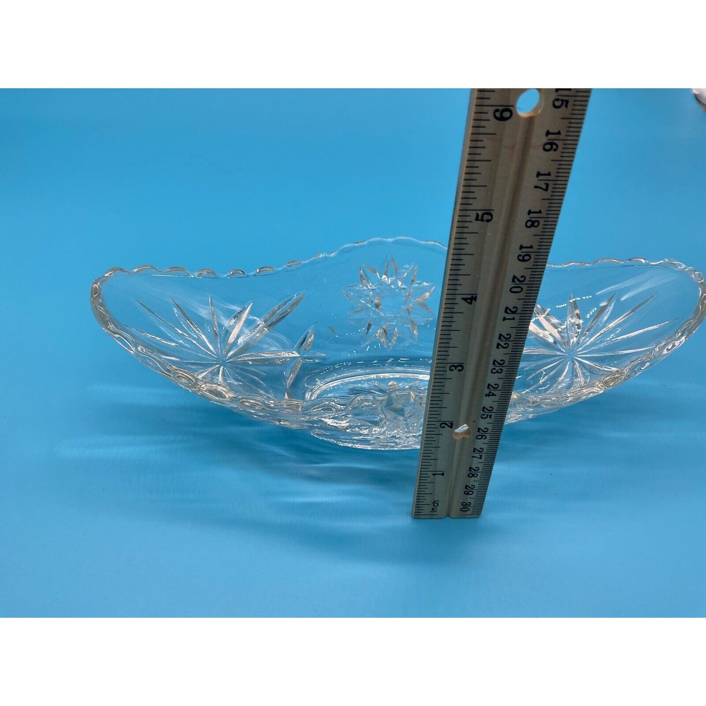 Clear Glass Oval Dish Bowl Etched Starburst Design 9" Long 4" Wide Vintage