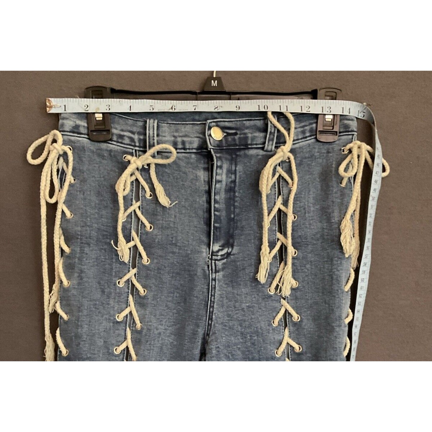 SHEIN Women’s Denim Lace-Up Side Jeans Size Medium Blue Distressed Style