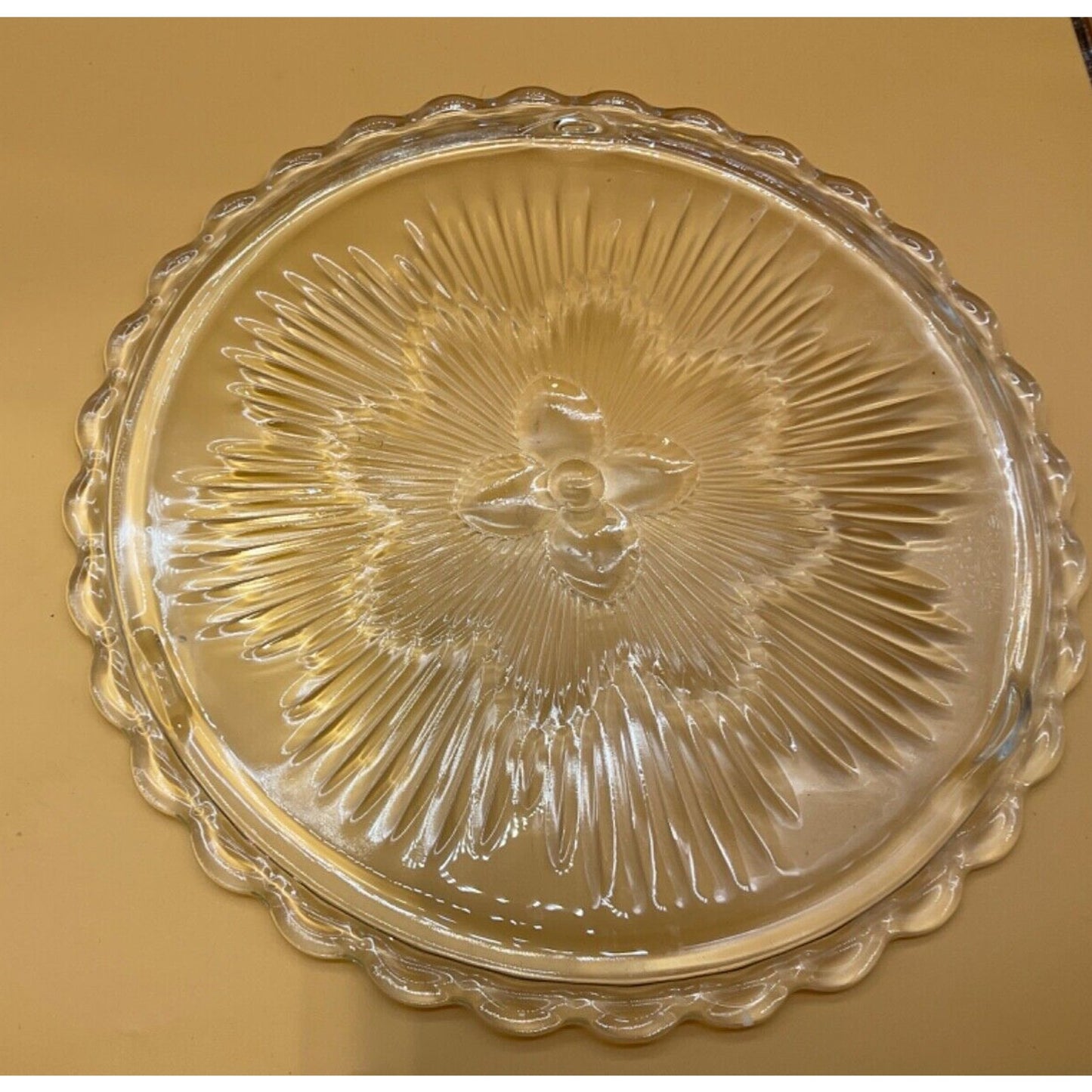 Vintage Indiana Glass Floral Sunburst Footed Cake Plate 11" Mid Century Modern