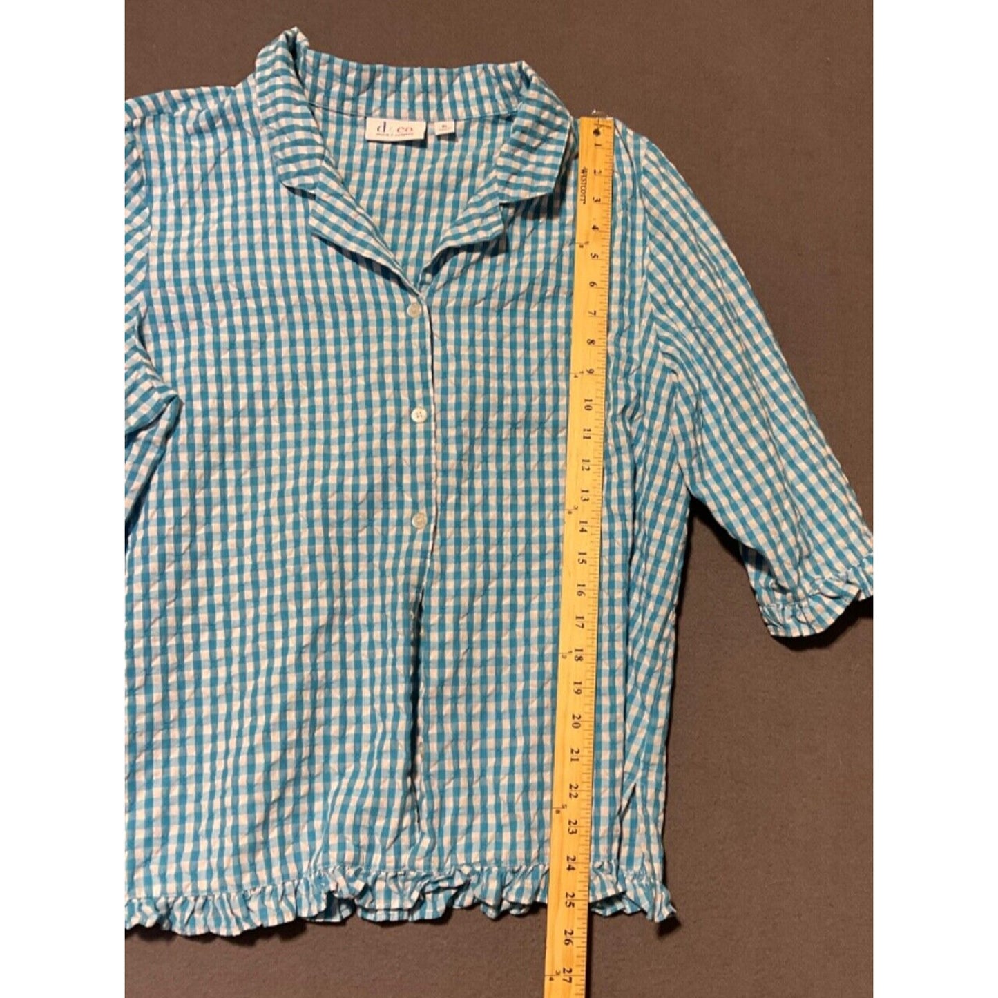 Denim & Co Blue Gingham Check Button Front Shirt Top XL Cotton Blend