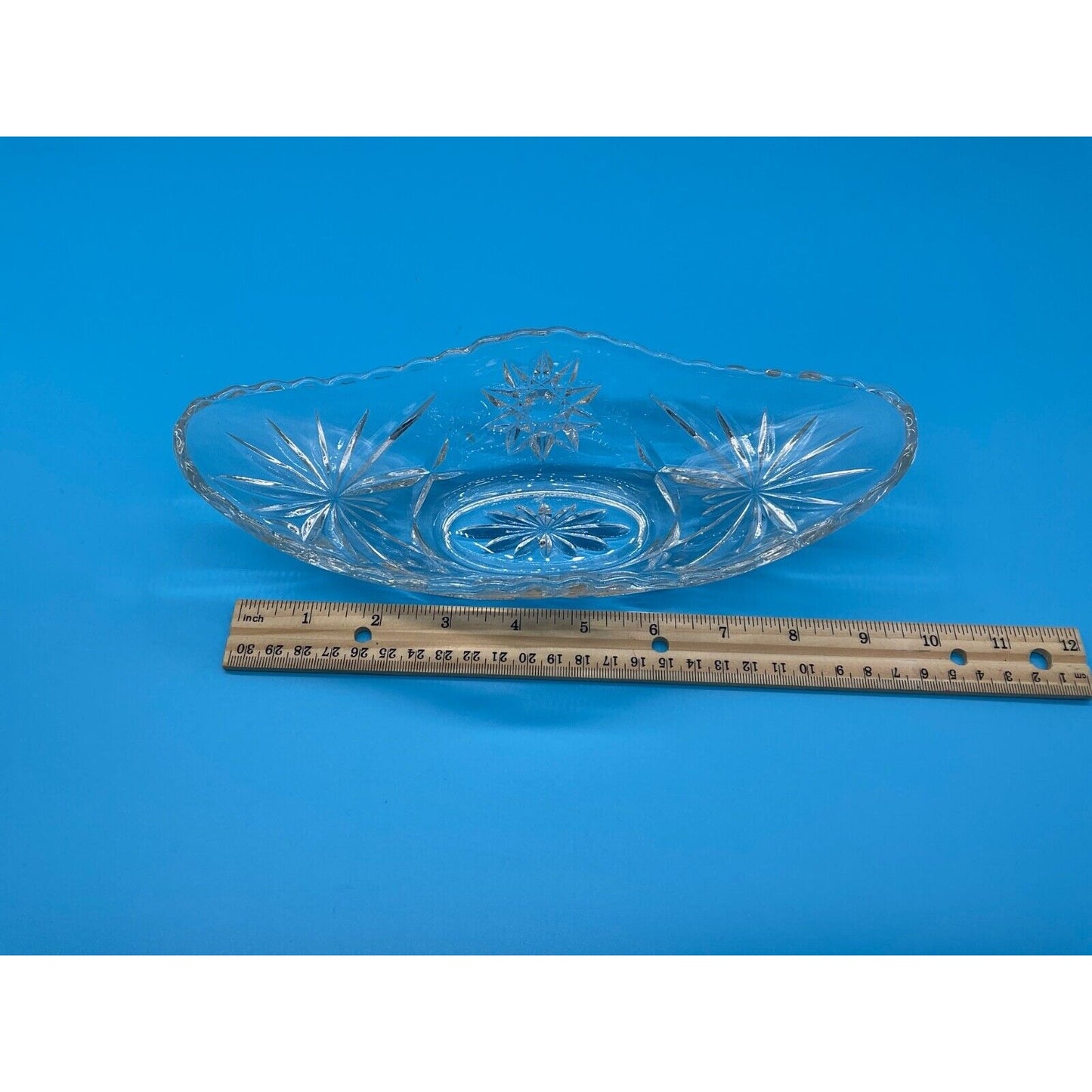 Clear Glass Oval Dish Bowl Etched Starburst Design 9" Long 4" Wide Vintage