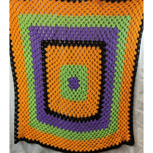 Vintage 70's Granny Core Afghan Throw Blanket, Crochet Multi-Color, 42x43"