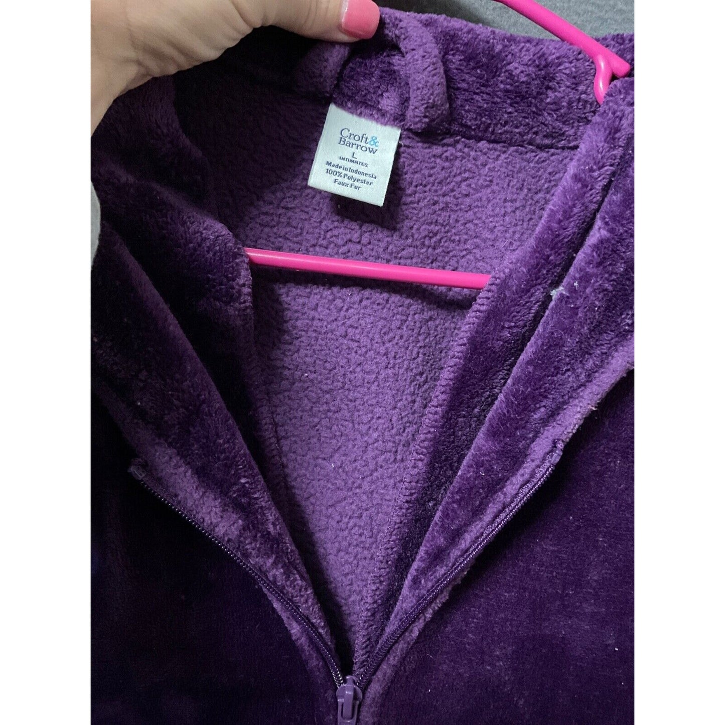 Croft & Barrow Zip-Up Robe L Amethyst Purple Faux Fur Pockets Lounge Cozy Soft