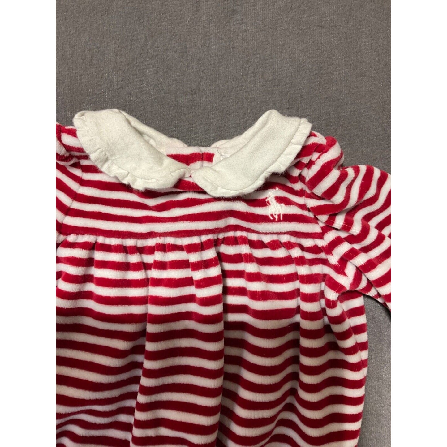 Ralph Lauren Infant Girls 3M Red & White Striped Velour Footed Jumper