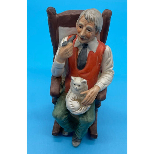 Vintage Figurine Old Man In A Chair With a Dog Smoking Pipe Country Core